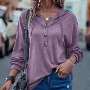 Purple Casual Womens Half Button Drop Shoulder Drawstring Hoodie
